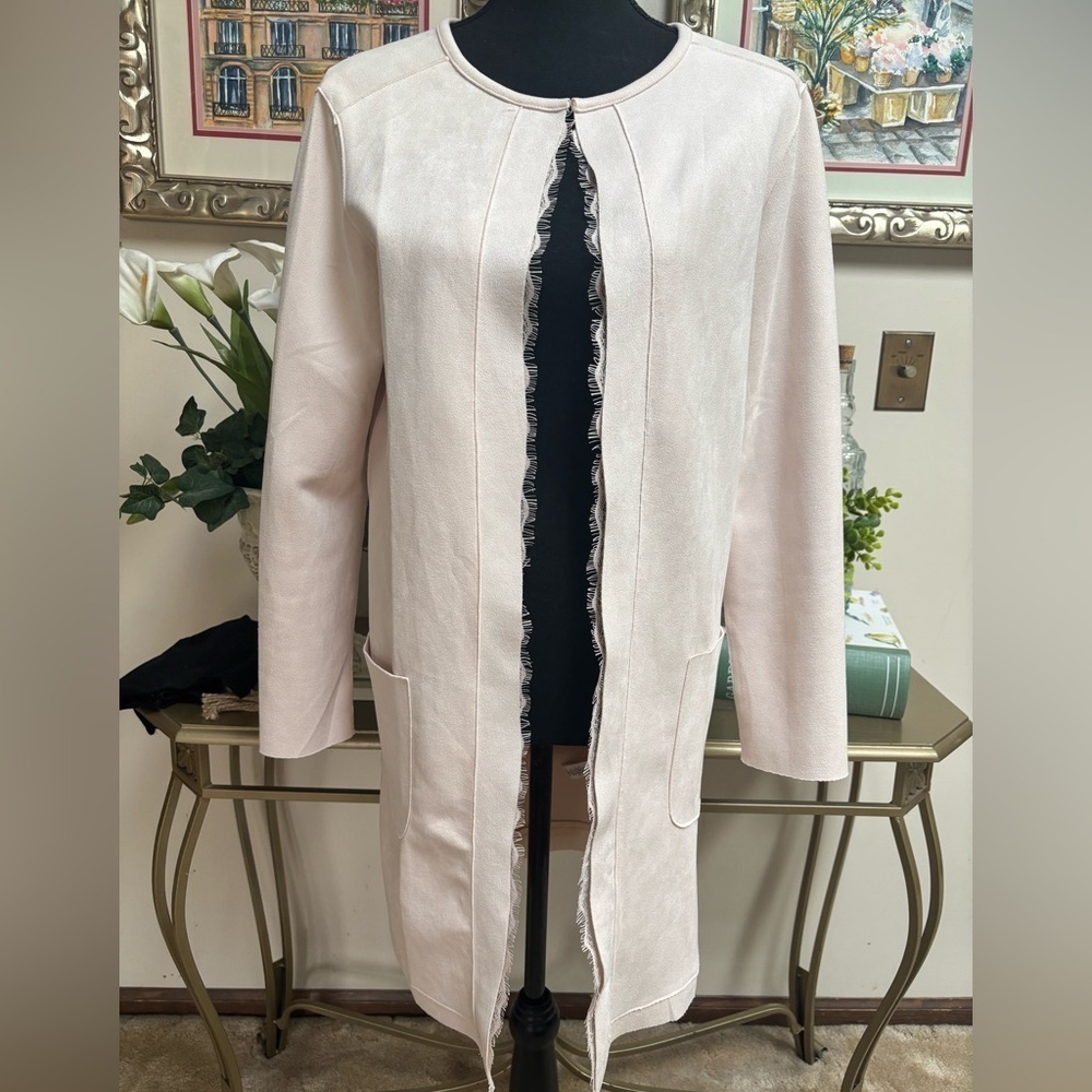 CACTUS+PEARL ULTRA SUEDE LACE TRIM PALE PINK DRESSY WEDDING JACKET DUSTER SZ SM💞